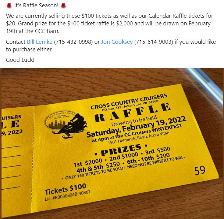 CCC Raffle Tickets Available! – Cross Country Cruisers